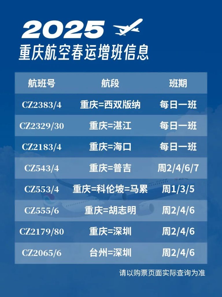 重庆航空将新开、恢复及加密多条航线